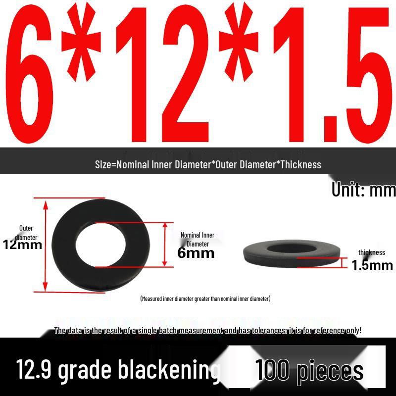 High-Strength Black Flat Washer - Grades 4.8 & 12.9, Sizes M3 To M24