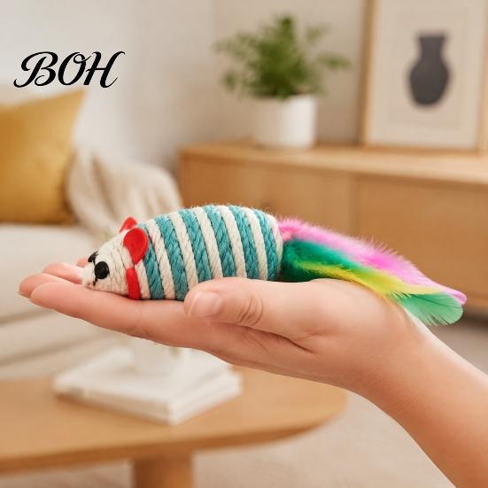 Indoor Cat Hunting Stimulation Colorful Mouse Toys, Jute Rope Chew Feather Mice Natural Kitten Toys Teeth Cleaning for Cats Exercise And Oral