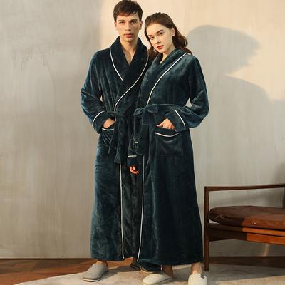 Large Size Men's Autumn Winter Thick Long Bathrobe Couple's Simple Lace Up Flannel Robe with Pockets