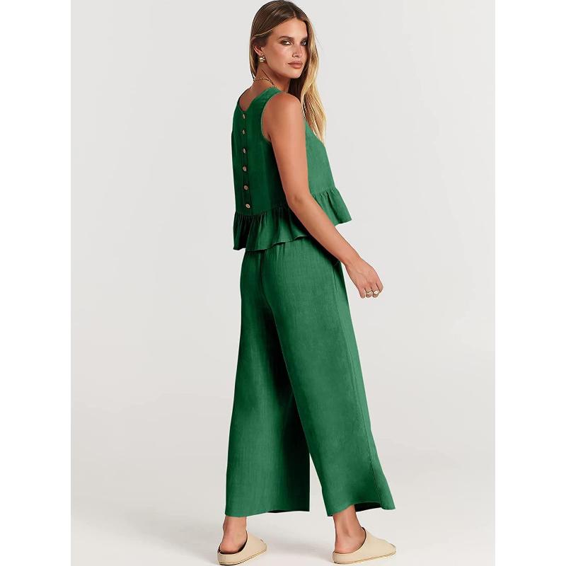 Women's Summer 2 Piece Outfits Sleeveless Pleated Ruffle Tank Top Wide Leg Cropped Pants Casual Loose Linen Matching Set with Pockets