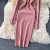 HOUZHOU Knitted Midi Dress Women Korean Vintage Elegant Solid High-neck Slim Autumn and Winter Warm Classic Basic Bottom Dress