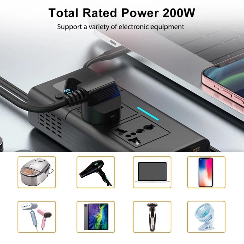 200W Car Power Inverter Car Plug Adapter Outlet Chargers DC12V To 220V Car Inverter with USB, QC3.0 USB & Type-C