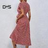 Summer Floral Maxi Dress for Women V Neck Short Sleeve Ruffle Hem Wrap Dress Boho Casual Split Flowy Beach Long Dress