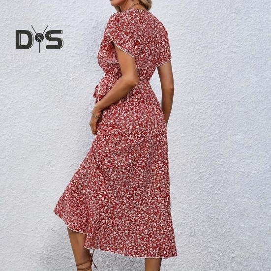 Summer Floral Maxi Dress for Women V Neck Short Sleeve Ruffle Hem Wrap Dress Boho Casual Split Flowy Beach Long Dress