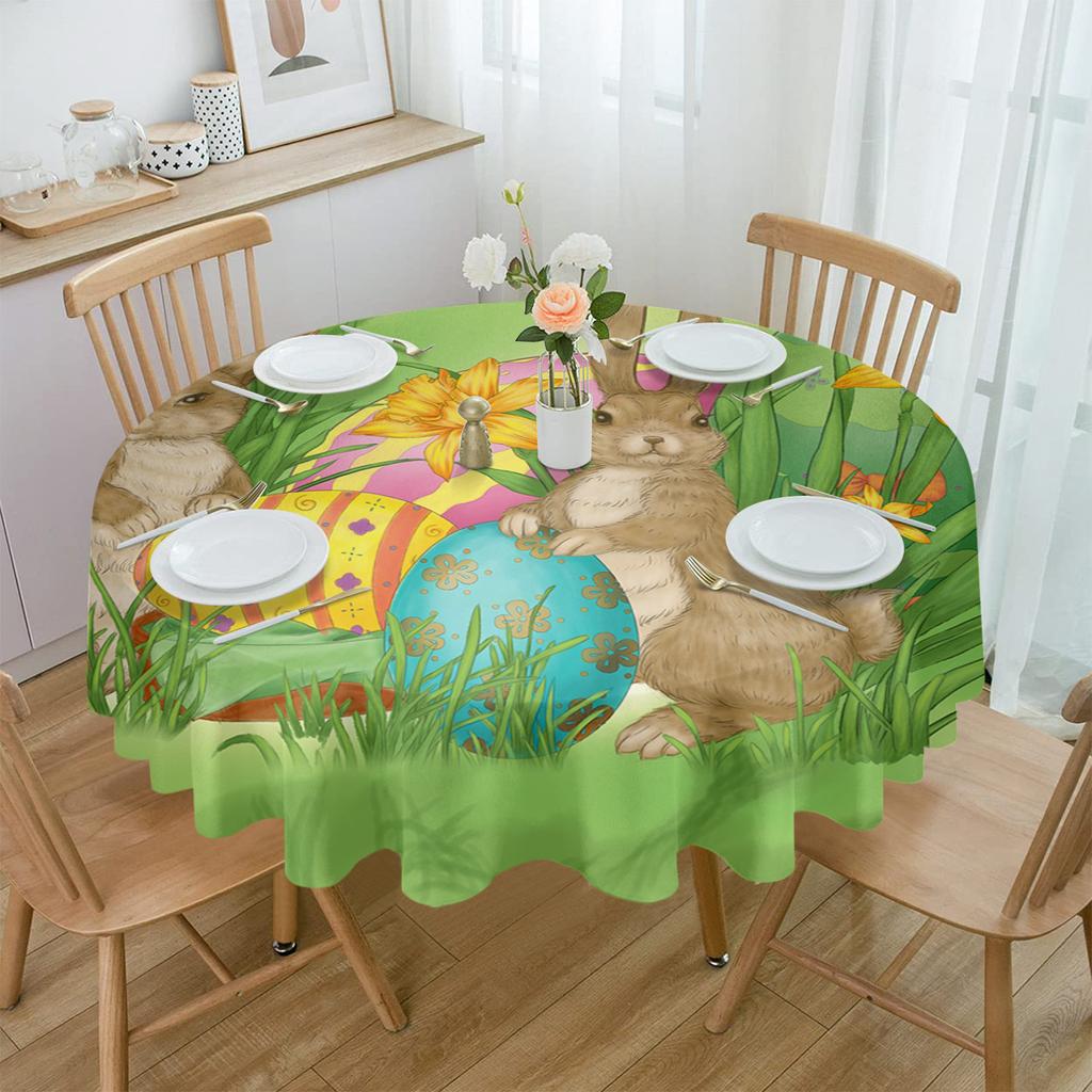 Cartoon Rabbits Easter Eggs Round Table Cloth Festival Dining Waterproof Tablecloth Table Cover For Wedding Party Decor