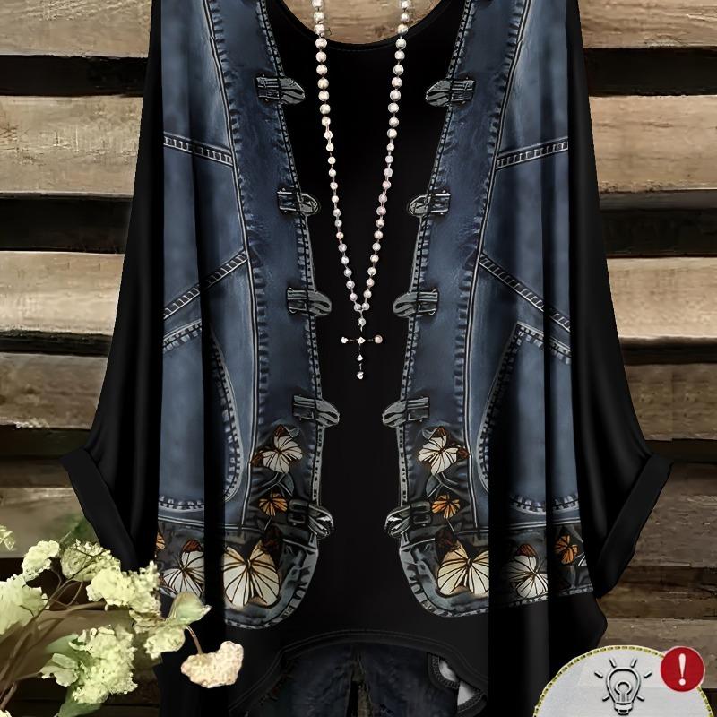 Fashionable New Round Neck Large Size Imitation Butterfly Denim Fake Two Piece Pattern Print Women's Top (No Accessories)