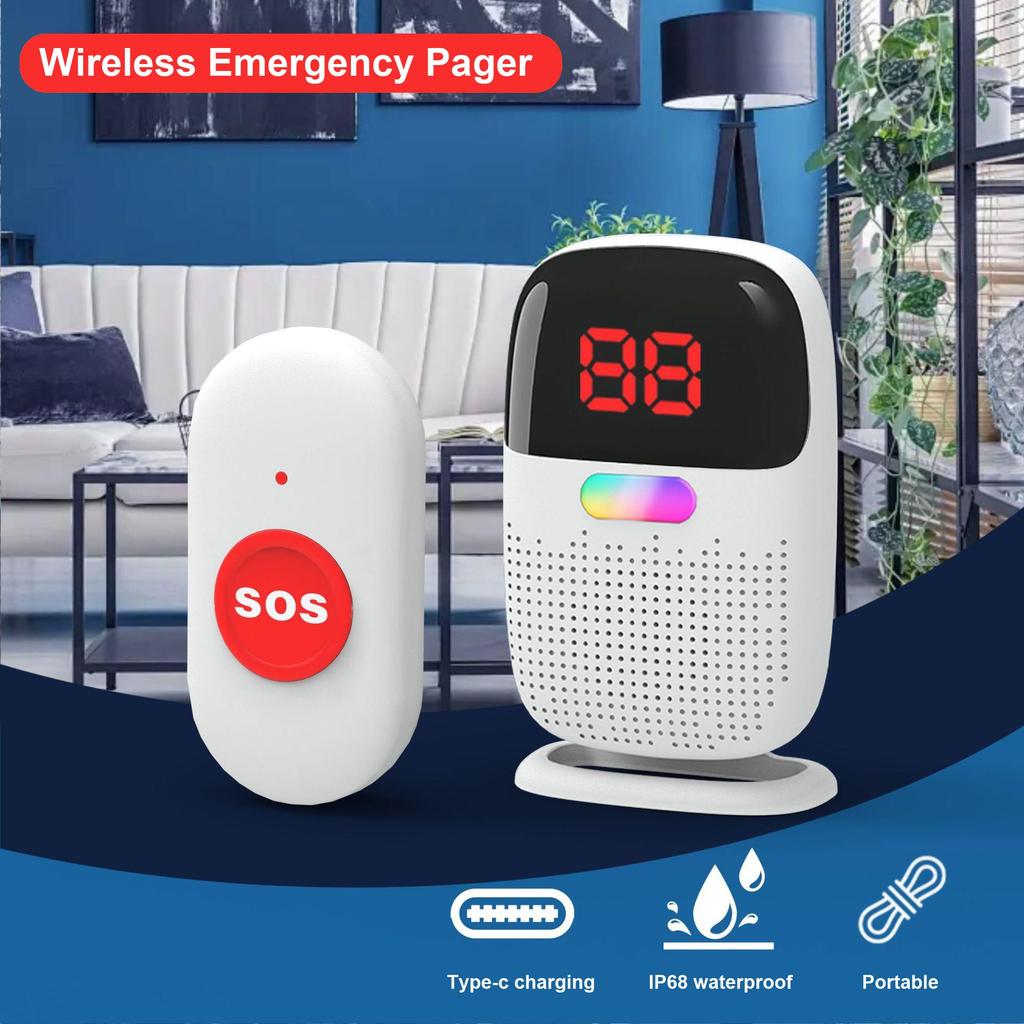 Wireless Flash Vibration Doorbell with Digital Display & Distinct Front/Back Door Buttons for Elderly or Bedridden Patients