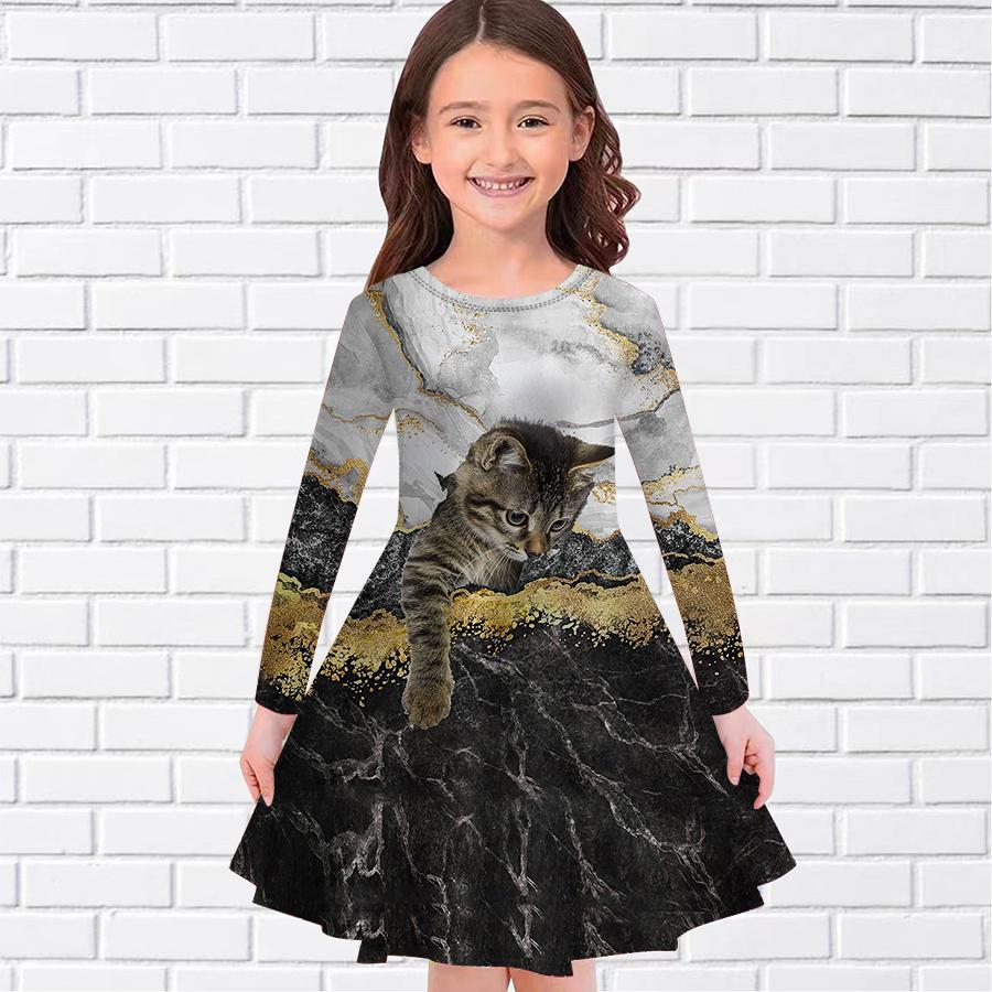 Girl Casual Marble Double Headed Cat Print Round Neck Long Sleeve Dress Kid Princess Dress