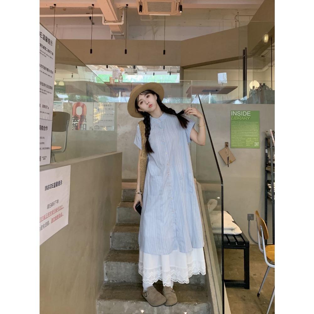 Summer Blue Shirt Dress Women's Loose Casual Gentle Style Long Skirt Two-Piece Set Layering Clothing Female Fashion