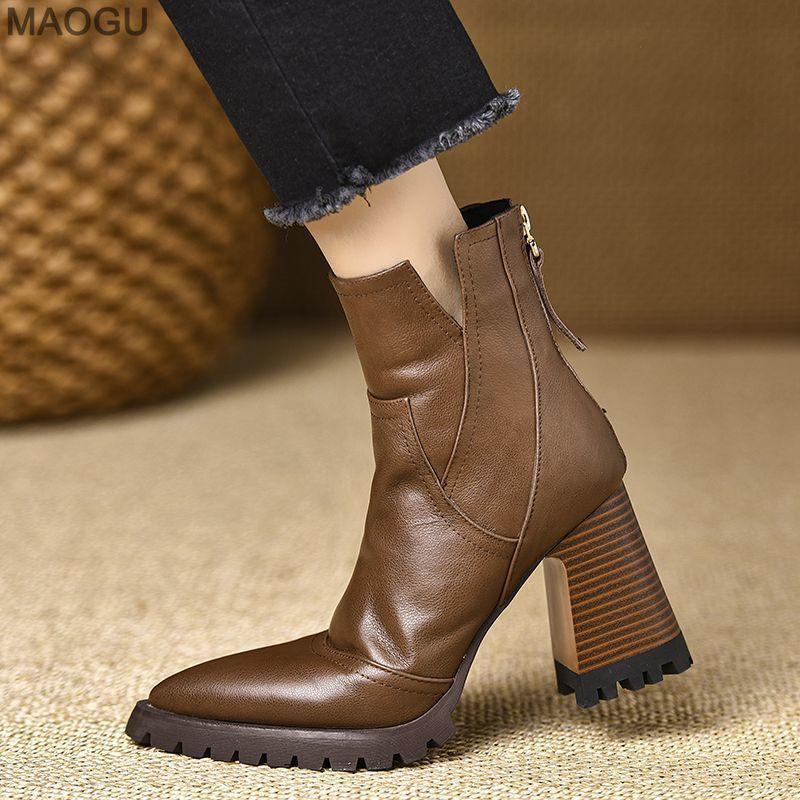 Retro Black Brown Women's Chunky Heel Ankle Boots Anti-slip Pointed Toe Platform Short Plush Booties Office Ladies Fashion Boots
