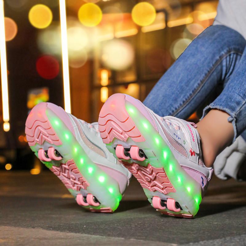 Παιδικά Αποσπώμενα Παπούτσια Σπορ με Τέσσερις Τροχούς Επαναφορτιζόμενα Φωτεινά Παπούτσια Σπορ LED Παπούτσι Πατίνια Ρόλερ με Τέσσερις Τροχούς