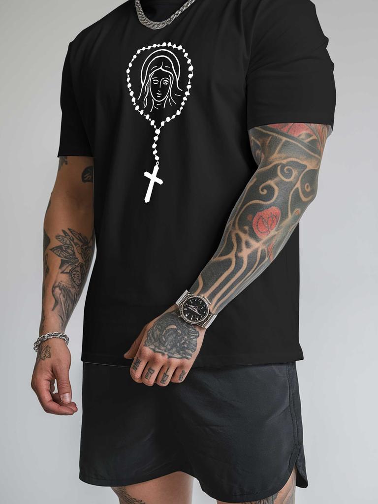 Unisex Short Sleeve Crew Neck Tee Virgin Mary Rosary Graphic Print Casual Lightweight T Shirt Religious Summer Daily Fashion Tops