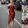 Women's Off Shoulder Short Sleeve Midi Dress Bodycon Mid Waist Abstract Print Mesh Party Dress