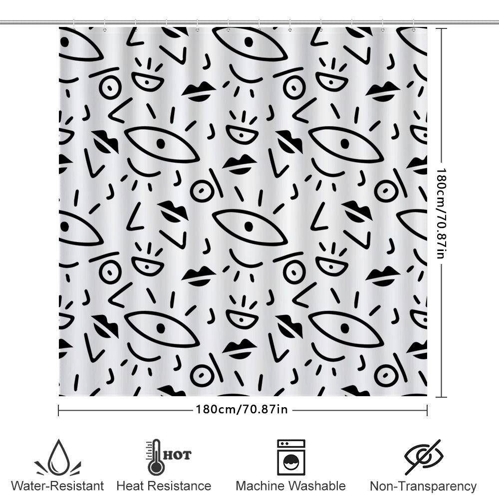 Black White Cartoon Pattern Shower Curtains Modern Simple Bathroom Decor Waterproof Fabric Print Bath Mat Sets For Home Decorati