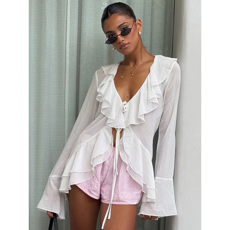 European and American Women's Shirt White Loose V-neck Frill Lace-up Top 2025 Summer Casual Shirt