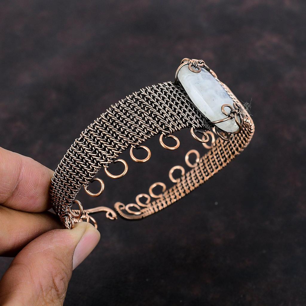 Regenbogenmondstein Edelstein Armreif Kupferdraht umwickelter Armreif Handgefertigter Schmuck Verstellbarer Armreif Kupferdraht Schmuck Jubiläumsgeschenk