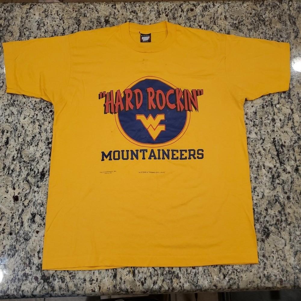 VTG WV Mountaineers T-Shirt Yellow Screen Stars XL "HARD ROCKIN" Single Stitch Unisex T-Shirt