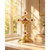 LoOpZ 5.5 Inch Jesus Crucifix Cross Statue with Stand – Golden & White Christian Home Decor – Holy Cross