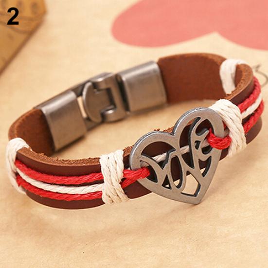 Lover Couple Hollow Love Heart Knitted Leather Bangle Alloy Cuff Buckle Bracelet