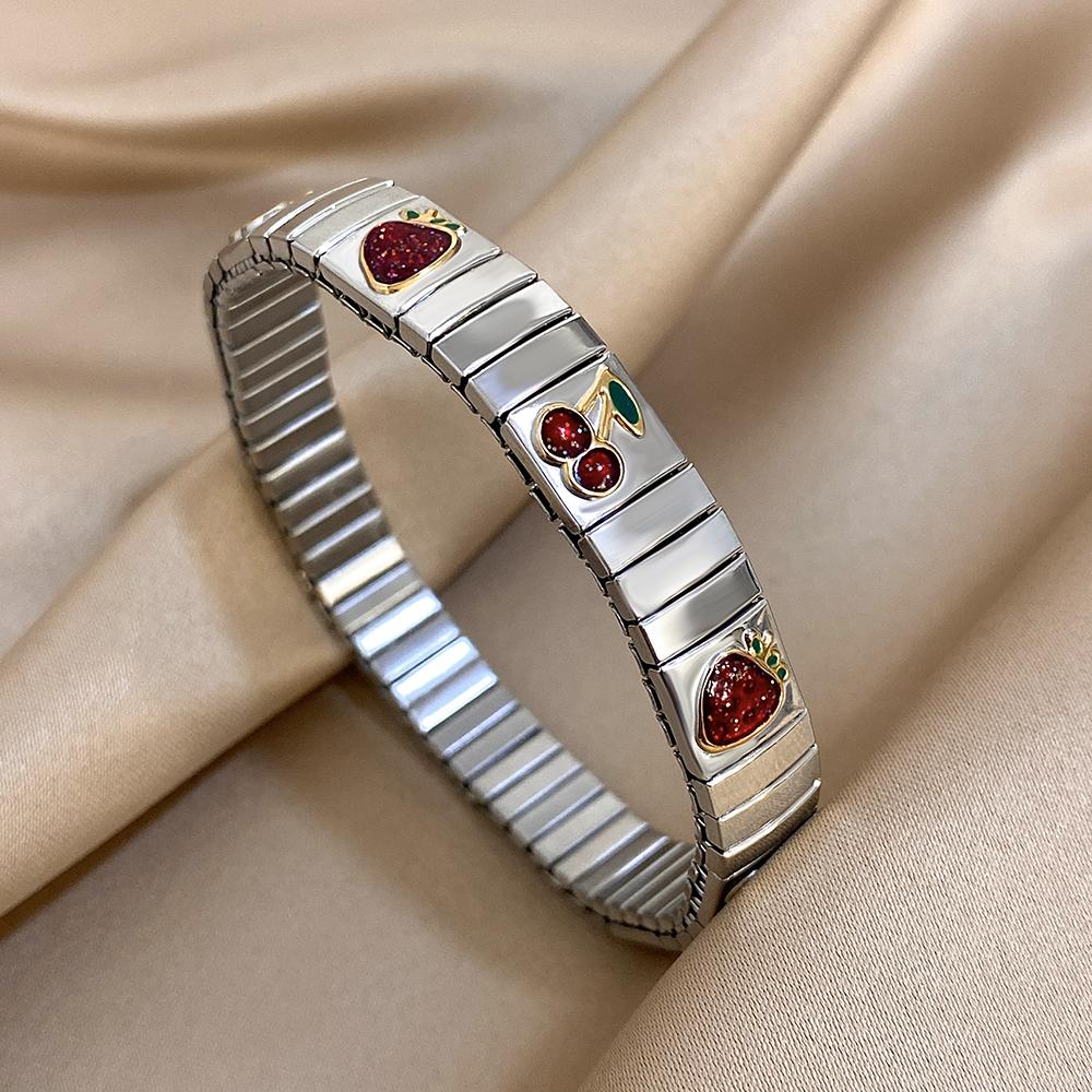 316L Stainless Steel Gold Color Strawberry Cherry Elastic Bangle Bracelet For Women Men Statement New Trend Wrist Zircon Gift