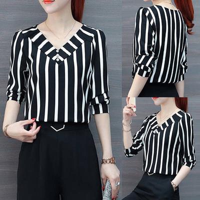 Fashion Women Three Quarter Sleeve Blouse Leisure Stripe Office Lady Shirts Top