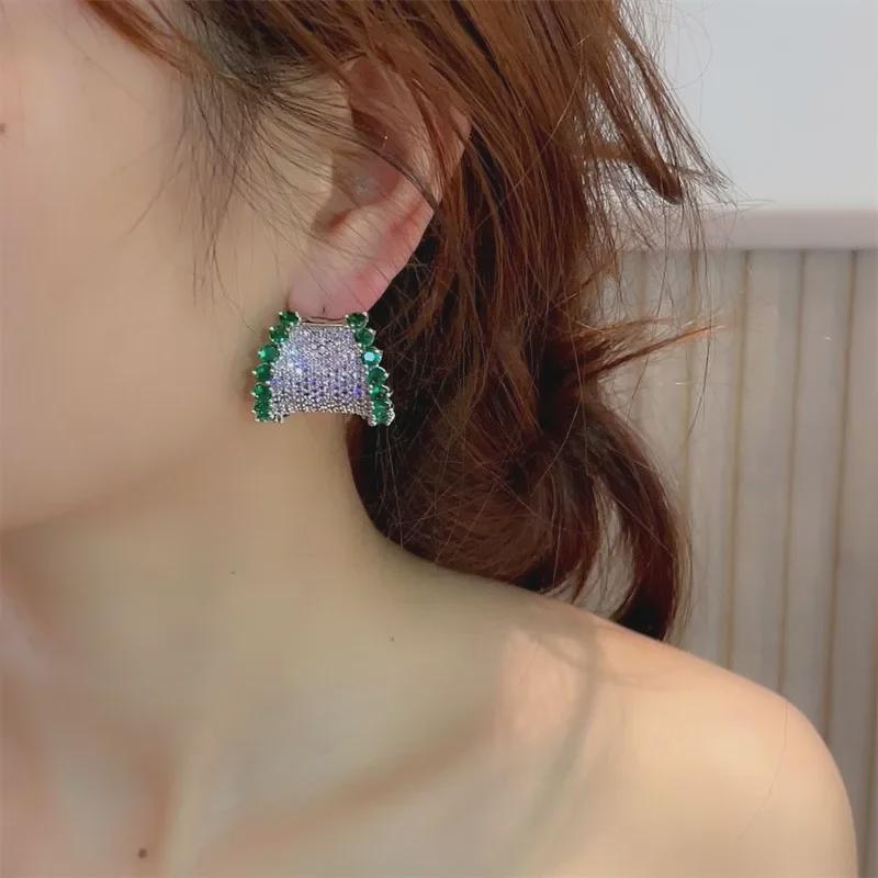 Elegant Heavy-Duty Colored Gemstone Earrings with 925 Silver Needle - Purple and Green Arched Design