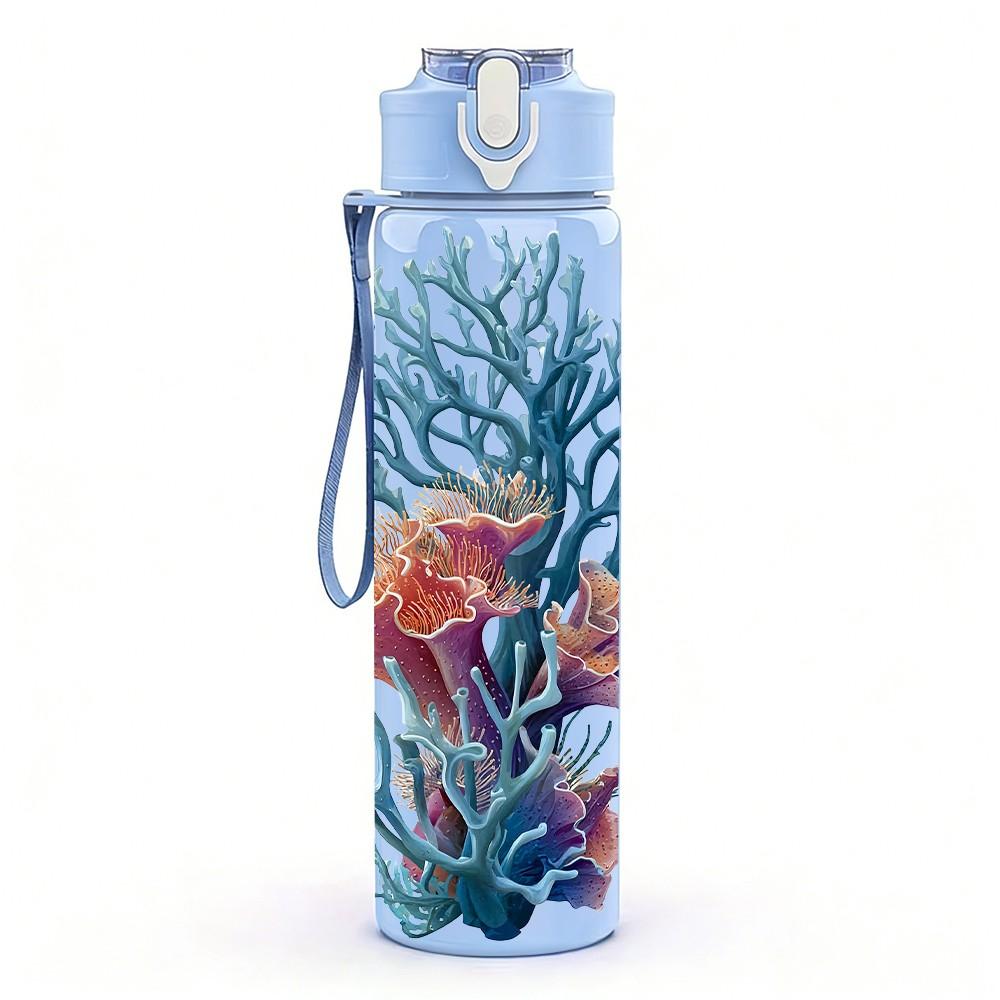 1PC Blue Coral Underwater Sea Plant 750ml Color Plastic Sports Water Bottle Leakproof Flip Straw Lid Suitable for Sports Office Home Use