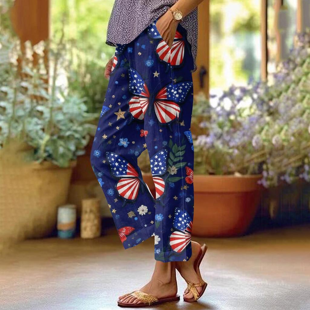 Dámské ležérní módní potištěné kalhoty s rovnými nohavicemi s kapsami