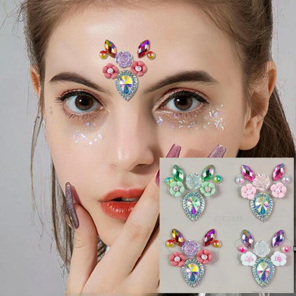 Festival Party Body Art Temporary Tattoo Sticker Set Rhinestone Face Gem & Rainbow Flower Jewels Adhesive for Body Decorations