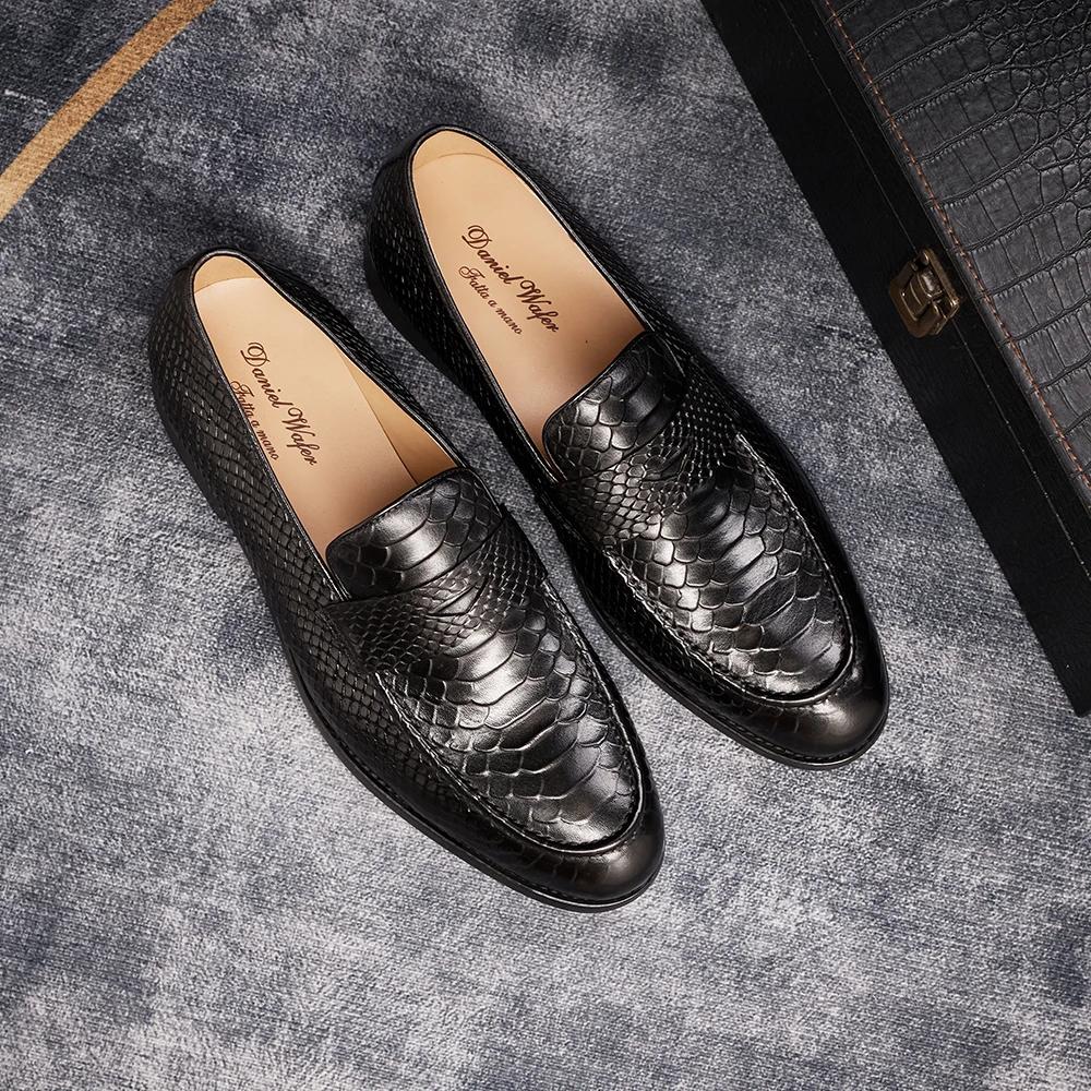 Fashion FELIX CHU Genuine Leather Men's Loafers Pointed Snake Pattern Slip-on Monk Shoes Wedding Party Casual Formal Men's Dress Shoes