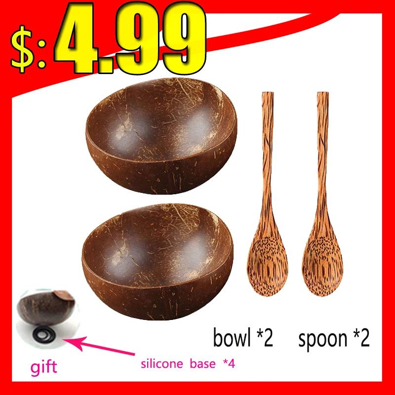 Natural Coconut Bowl 12-15cm Handmade Wooden Tableware Wood Spoon Dessert Fruit Salad Mixing Rice Ramen Bowl Kitchen Dinnerware