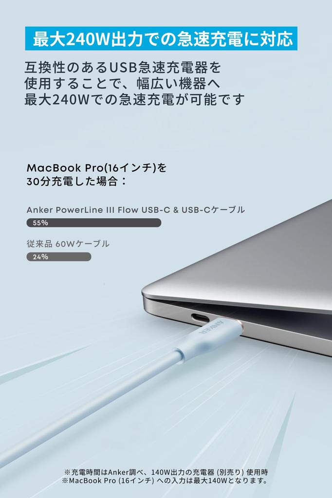 Anker PowerLine III Flow PD Silicone Compatible with iPhone iPad MacBook Ice USB-C & USB-C Cable, Tangle-Free, Compatible, Material, 240W, 17/16/15,