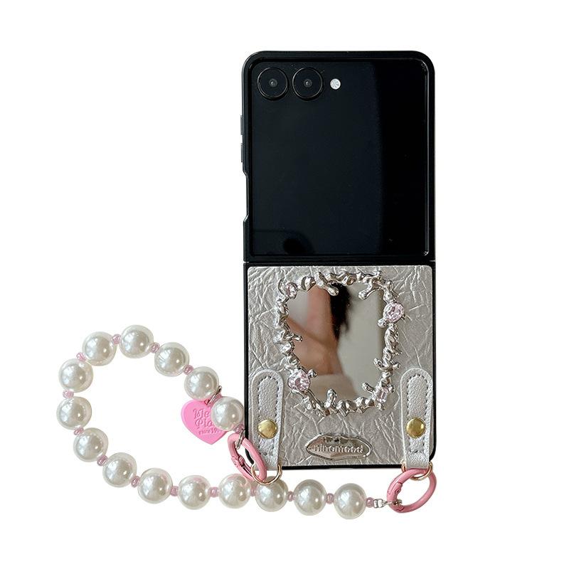 For Samsung Zflip6 Folding Screen Flip Fold7 Bracelet for Huawei Pocket2 Leather Love Mirror Mobile Phone Case
