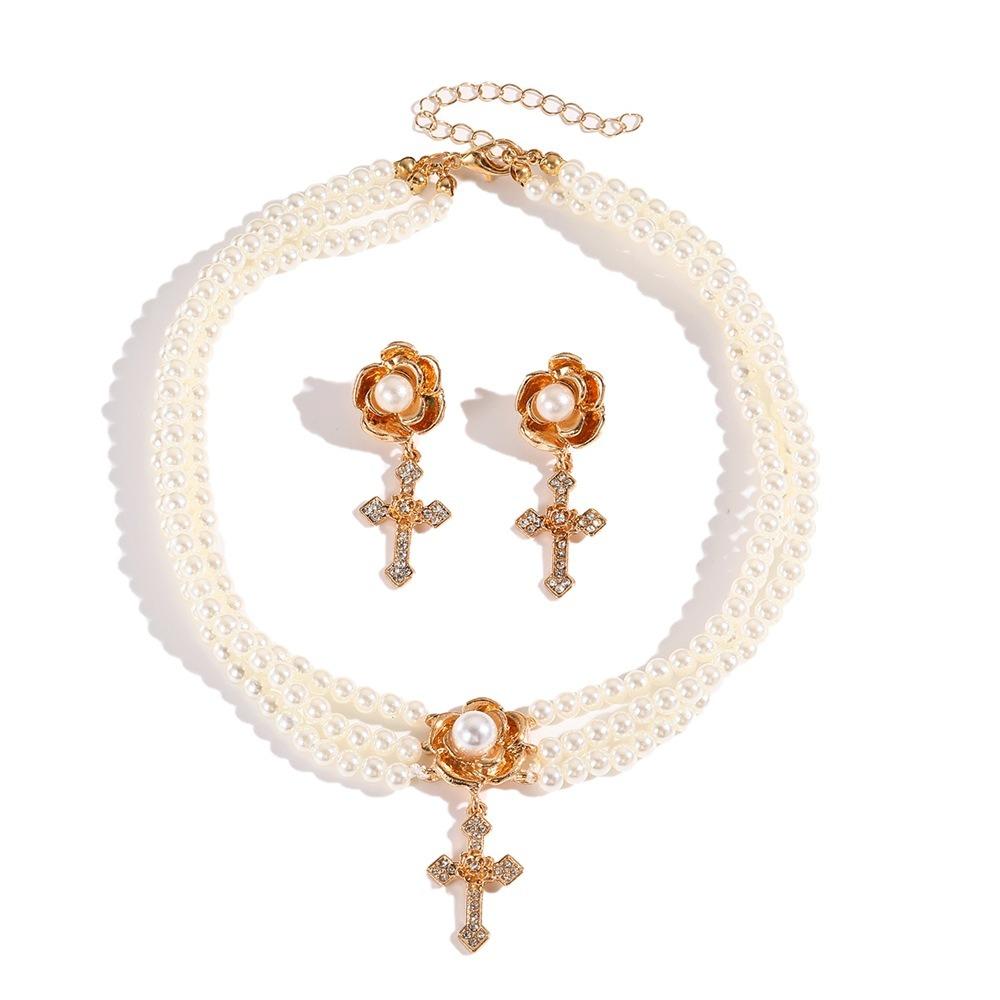 

Ожерелье и серьги из стразов и искусственного жемчуга, набор ювелирных украшений с крестом, свадебный