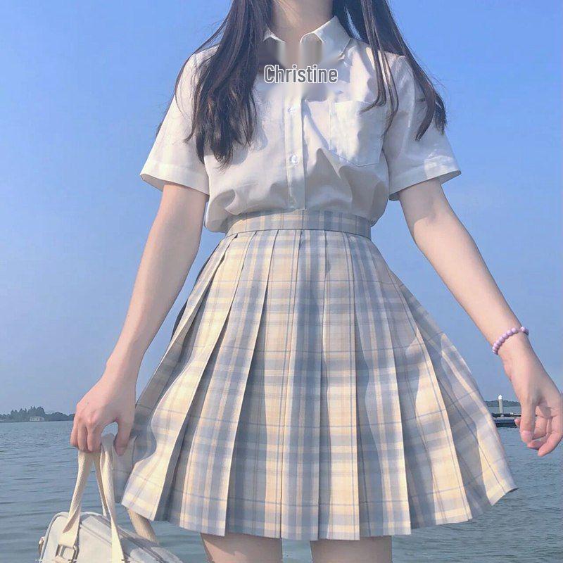 Lemon Sea Salt Plaid School Uniform: Short Sleeve Top & Midi Skirt Set