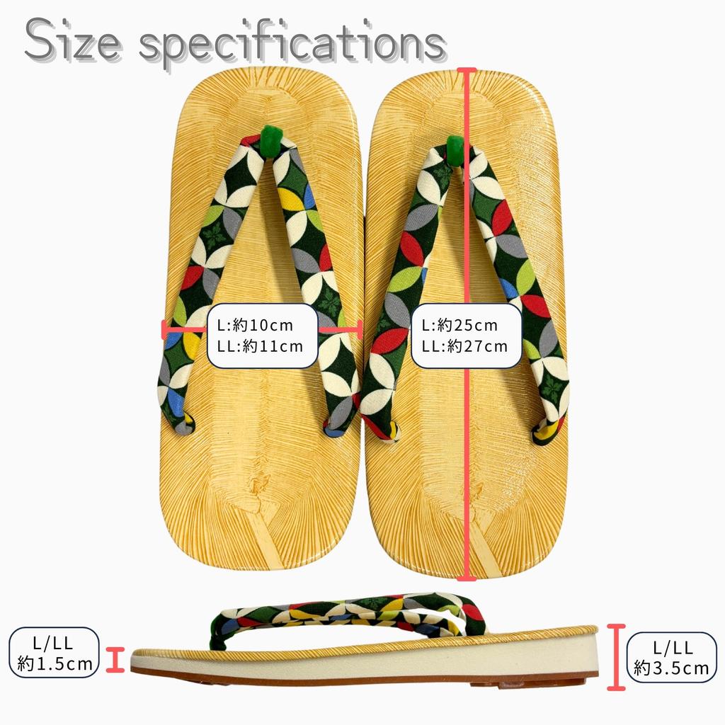 Sandales Geta Edoten, Fabriquées au Japon, Semelle Tatami Jaune, Bride à Motifs, Shippo Vert, Taille LL
