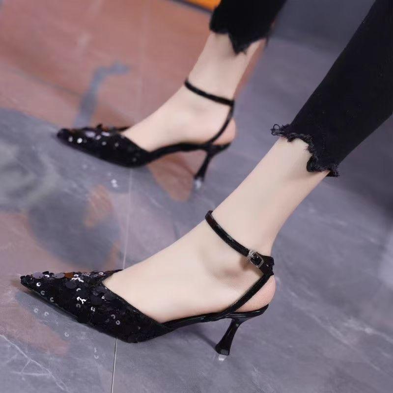 

Fashion 2025 New French High Heels Women s New Stiletto Pointed Toe Hollow Sandals Fashion Sequin Heeled Sandals Sanda 35 чёрный
