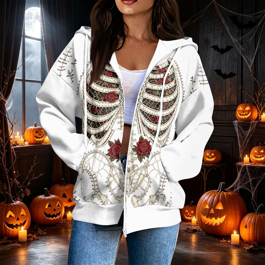 Women's Casual Long Sleeve Zip-Up Halloween Print Hooded Sweatshirt