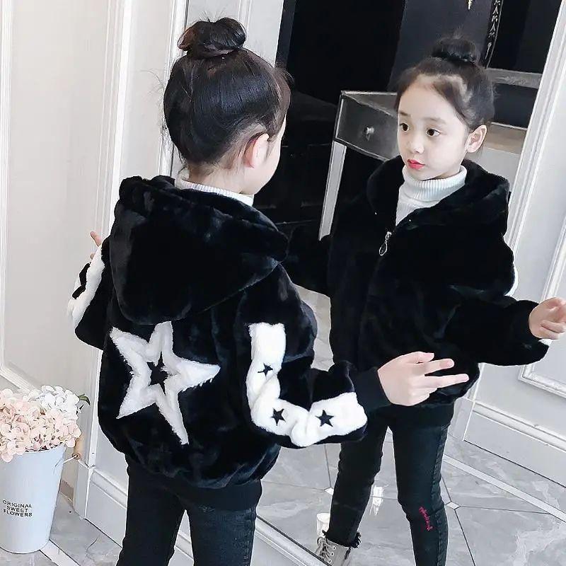 Autumn Winter Thick Warm Girls' Jacket Corduroy Star Hooded Sweater Sleeve Plus Velet  Kids Outerwear Teenager Windbreaker Coat