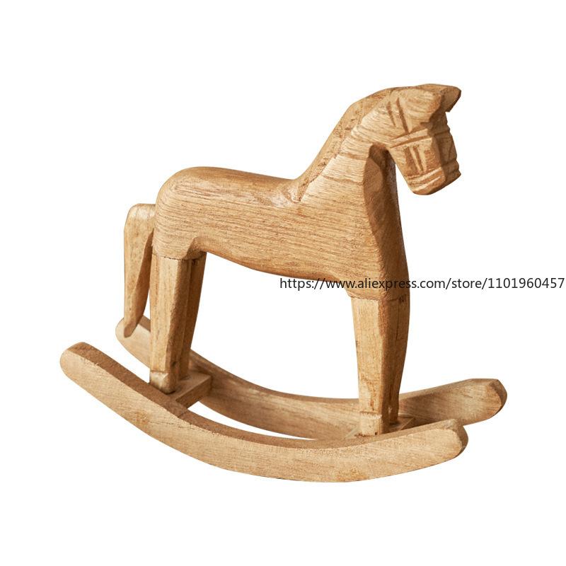 Nordic-Style Rocking Horse Wooden Horse Desktop Ornament Home Decor Pine Rocking Horse Craft Horse-to-Success Figurine