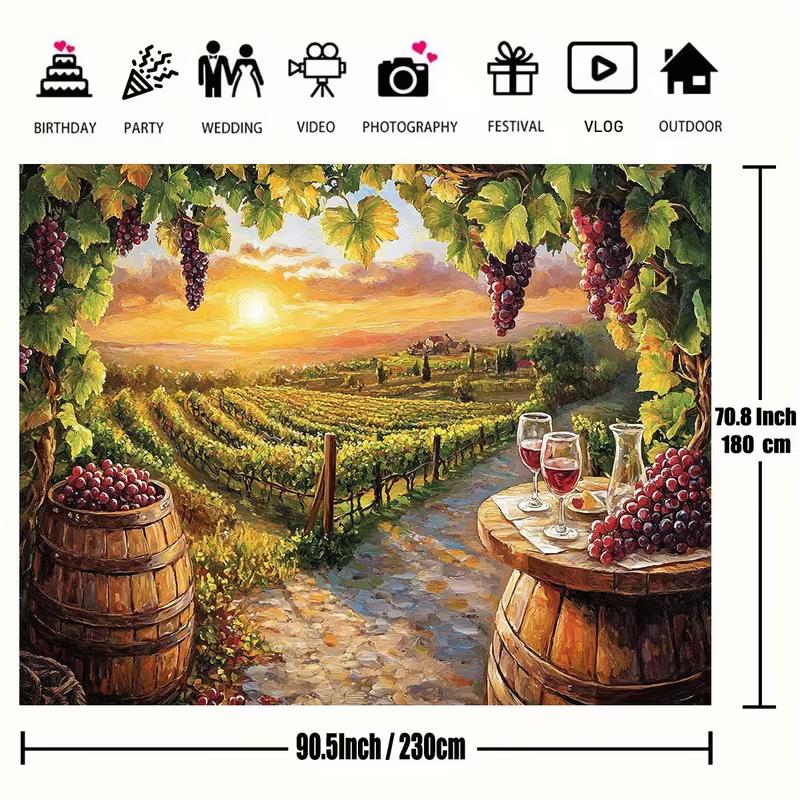 Sonnenuntergang Weinberge Ölgemälde Wandteppich, Weinfass & Trauben Wandbehang