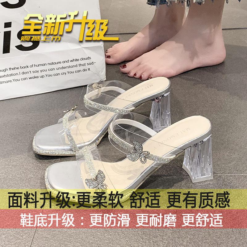 

Тапочки на высоком каблуке Fairy Wind, женская летняя одежда 2025 года, новые прозрачные тапочки со стразами, односложные, с кристаллами, на толстом каблуке 40