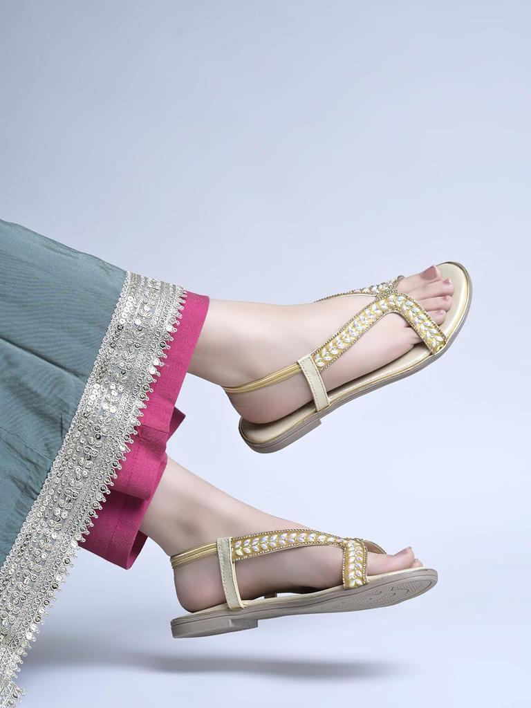 Shoetopia Womens Embellished Flat Sandals | Stylish Slingback Party & Ethnic Footwear Flats | Comfortable Daily Footwear
