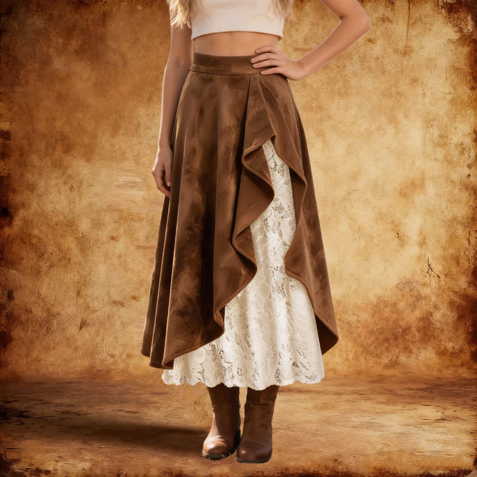 

Ladies Retro Western Suede Lace Patchwork Skirt L коричневый