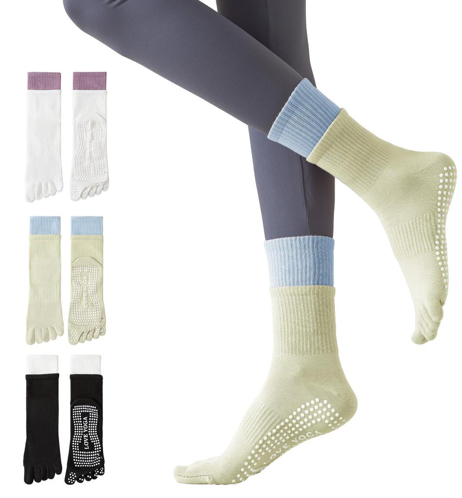 GOKEI Yoga and Pilates Designed by a Pilates Long Socks for and and Warm and Perfect for Hot Gym and Light and Black Women's Five-Toe Socks, Non-Slip,