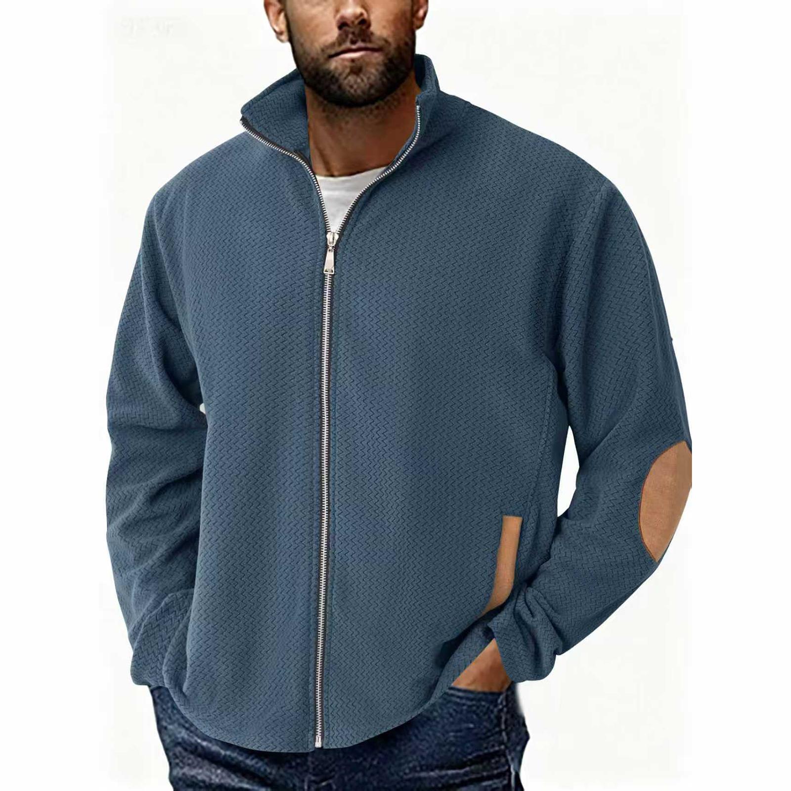 

Mens Zip Up Hoodie Vintage Lined Sweatshirt Fleece Full-Zip Winter Warm Jackets With Elbow Patches XL небо синє кольору