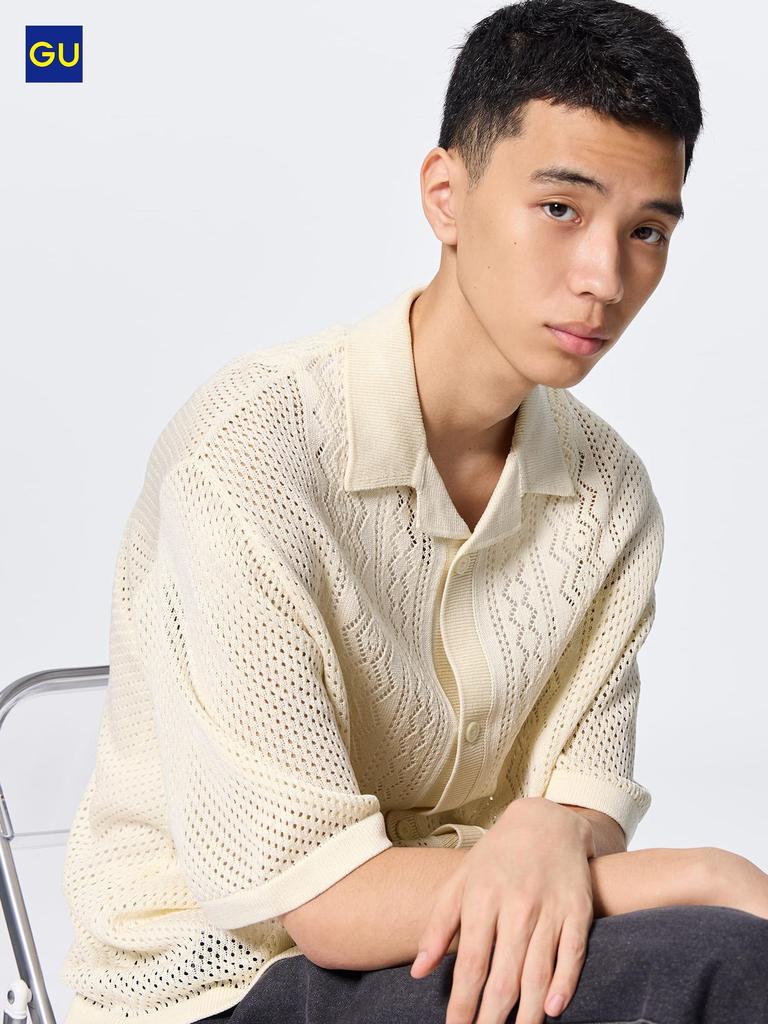 Uniqlo Gu Síťovaný úplet Košile s otevřeným límcem Krátký rukáv