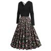 Christmas Dress Up Women's Clothing, Winter V-neck Long-sleeved Black Patchwork Print Retro Pendulum Dress