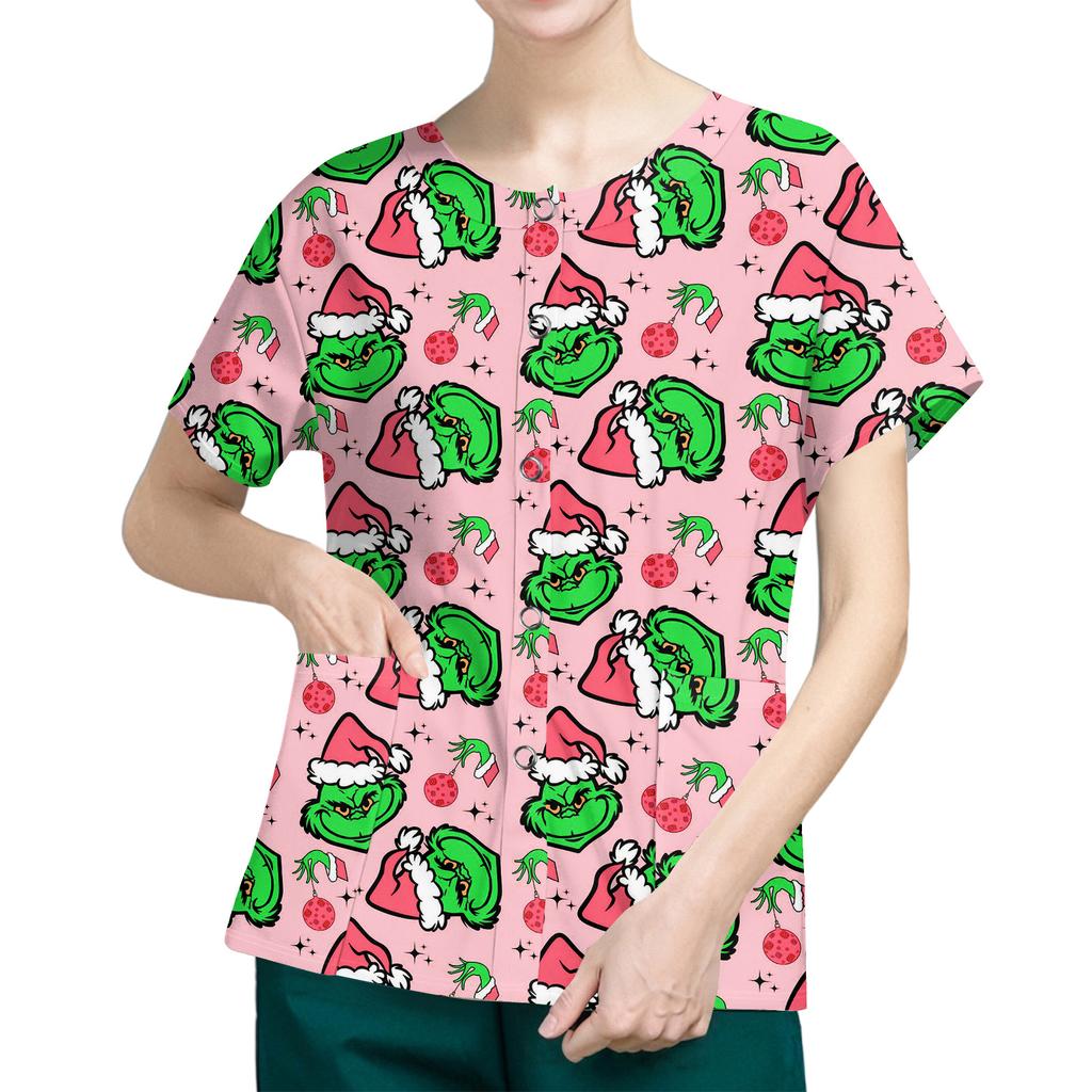 Women's Short Sleeved Patterned Pockets, Work Print Stand Up Collar, Single Breasted Protective Clothing, Cardigan Jacket, Top