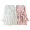 Kaslead New Women clothes Western Style Simple V-neck Bell Sleeve Waist Hugging Ribbon Dress